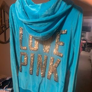 PINK Teal Sequin Terry zip-up hooded sweatshirt